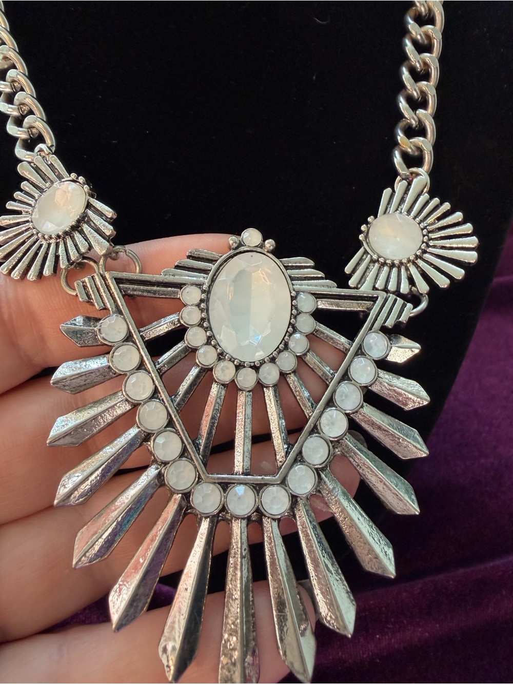 Free People Silver-toned Necklace Opalescent Gems Art Deco Tribal Egyptian